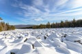 Sea of stones covered with snow, beautiful winter landscape. On the way to the mountains. Royalty Free Stock Photo