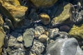 Sea stones and rocks of different sizes and texsture of black, gray and brown under the water on the Black Sea coast as nature bac Royalty Free Stock Photo