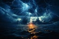sea storm, dark dramatic stormy sky with cumulus clouds and lightnings over waves for abstract background Royalty Free Stock Photo