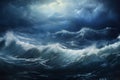 Sea Storm, Dark Dramatic Stormy Sky With Cumulus Clouds Over Waves For Abstract Background
