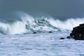 Sea storm waves dramatically crashing and splashing against rocks Royalty Free Stock Photo