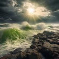 sea stormy landscape over rocky coastline Royalty Free Stock Photo