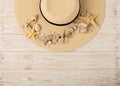 Sea style. Women`s accessories - hat on a wooden background. Royalty Free Stock Photo