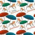 Sea summer beach, sun umbrellas, beach beds seamless pattern Royalty Free Stock Photo