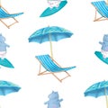 Sea summer beach, sun umbrellas, beach beds pattern white background. Umbrella and deskchair on a beach in summer day vacation. Royalty Free Stock Photo