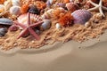 Sea summer holidays concept. Sea sand with colorful starfishes, seashells, corals and dry seaweed.