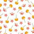 Sea Summer Pattern with crab, starfish and coconut drink on white background. Vector illustration as fabric, textile, clothes.