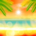 Sea summer sunset with palmtree and light on lens Royalty Free Stock Photo