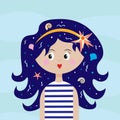 Sea summer theme. A girl with seashells in her hair and in a vest. Sailor girl with blue hair