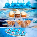 Sea and summer time theme for party or birthday. Collage of five pictures of sweets, cupcakes, pop cakes Royalty Free Stock Photo