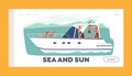 Sea and Sun Landing Page Template. Summertime Vacation Cruise. Young People Relaxing on Luxury Yacht at Ocean Royalty Free Stock Photo