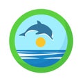 Sea sunny landscape with dolphin jumping over waves, round abstract sticker Royalty Free Stock Photo