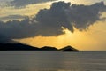 Sea sunset behind the clouds. In the distance are mountains in shadow and an island with a small lighthouse Royalty Free Stock Photo