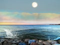 Sea sunset colorful evening sky and moon on cloudy skyline, light reflection on seawater,  summer Royalty Free Stock Photo