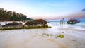 Sea sunset, fishing boat. Coast Royalty Free Stock Photo