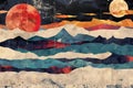 Sea sunset landscape in the style of paper collage, retro illustrations, composite wallpaper