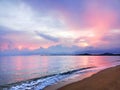 Sea sunset, ocean sunrise, tropical island beach, pink red purple cloud, paradise landscape, summer holidays, vacation Royalty Free Stock Photo