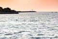 Sea sunset over pier, Beautiful seascape, Dreams of travel and freedom, Buoys at sea, Sundown sky and claim weather Royalty Free Stock Photo