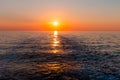 Sea sunset with ship trace Royalty Free Stock Photo