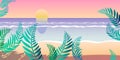 Sea sunset vector illustration. Beach sand palm trees waves pink color Royalty Free Stock Photo
