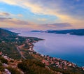 Sea sunset and village on seashore (PeljeÃÂ¡ac peninsula, Croat