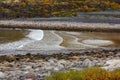 Sea surf, waves on the Barents Sea coast in autumn. Kola Peninsula, Russia