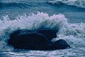 Sea surf and wet water-drenched boulders