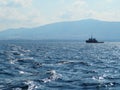 Sea surface with a small ship in the distance