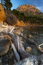 Sea surrounded by rocky cliffs and greens under the blue sky