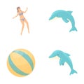 Sea swimming icons set cartoon vector. Active people swim with dolphin Royalty Free Stock Photo