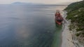 Sea tanker, dry cargo ship, washed ashore after a storm, aerial view Royalty Free Stock Photo