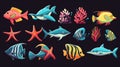 A sea themed cartoon modern set with tropical fish, coral, red stars and sponges isolated on black background. Striped Royalty Free Stock Photo