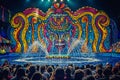 Sea-themed circus with a venomous liquid fountain centerpiece, mesmerizing spectators