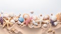 Sea themed horizontal banner with starfish, sand, sea shells, top view with copy space Royalty Free Stock Photo