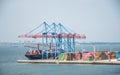 Sea Trade Port, Odessa City. Container terminal. Cranes, cargo ships. Horizon