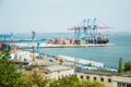 Sea Trade Port, Odessa City. Container terminal. Cranes, cargo ships. Horizon