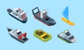 Sea transport set. Isometric cruise ocean liner for travel, blue-sail windsurf boat, coast guard and speed boat, green Royalty Free Stock Photo