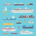 Sea transport set of water transportation shipping carriages isolated vector illustrations. Ship, yacht, boat vessel and