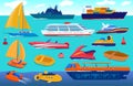 Sea transport, travel ship, water vessels, cruise yacht transportation set of cartoon vector illustration.