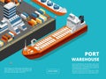 Sea transportation horizontal sea freight and shipping background with isometric seaport