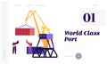 Sea Transportation and Logistic Infographics. Seaport Harbour Lift Crane Loading Container and Sea Port Workers Control Process