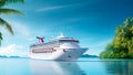 Sea travel banner with white cruise ship anchored close to exotic tropical island Royalty Free Stock Photo