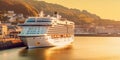 Sea travel banner with white cruise ship at Europian city harbor at sunset Royalty Free Stock Photo