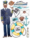 Sea travel cruise set - watercolor illustration on white
