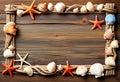 Sea travel frame decor with seashells and rope over wooden background Royalty Free Stock Photo