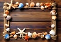 Sea travel frame decor with seashells and rope over wooden background Royalty Free Stock Photo
