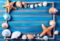 Sea travel frame decor with seashells and rope over wooden background Royalty Free Stock Photo