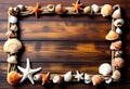 Sea travel frame decor with seashells and rope over wooden background