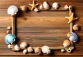 Sea travel frame decor with seashells and rope over wooden background Royalty Free Stock Photo