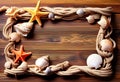 Sea travel frame decor with seashells and rope over wooden background Royalty Free Stock Photo